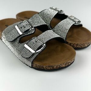Dollymix Women’s SZ 8 Silver Rhinestone Double Buckle Slide Sandals Cork Bottom
